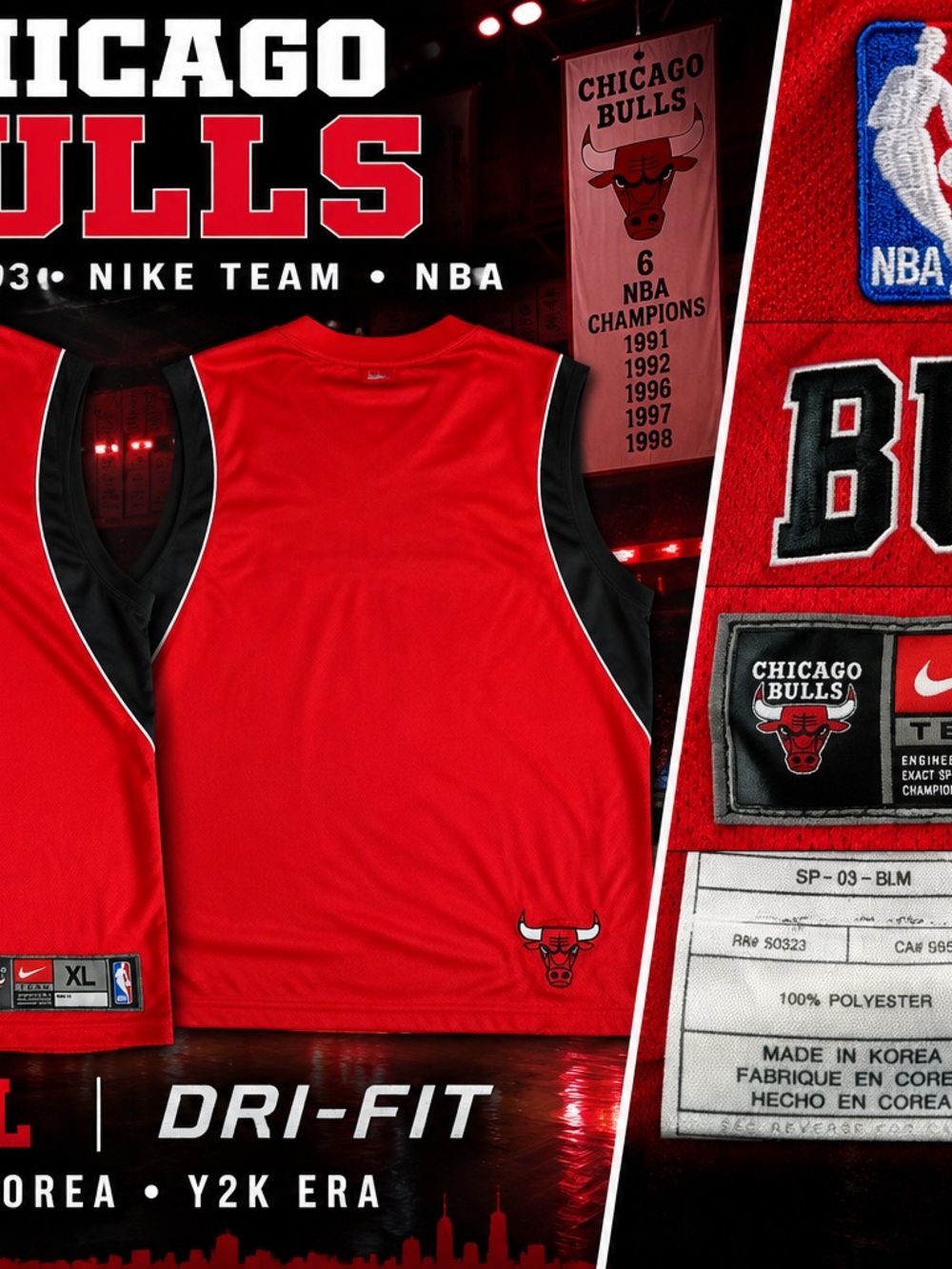 Vintage 2003 Nike Chicago Bulls NBA Dri-FIT Jersey Tank Top XL Y2K Red